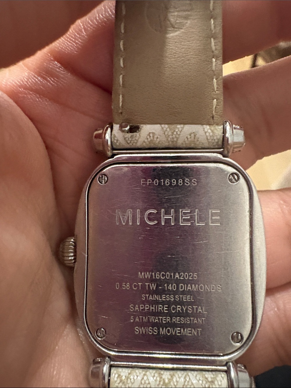 Michele Silver Watch Bracelet with White Dial and Brown Leather Strap - Picture 2 of 3
